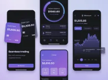 Cryptocurrency app interface with balance, graph, and transaction details.
