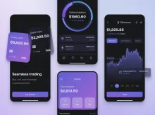 Mobile app interface showing cryptocurrency dashboard with graphs and wallet balance.