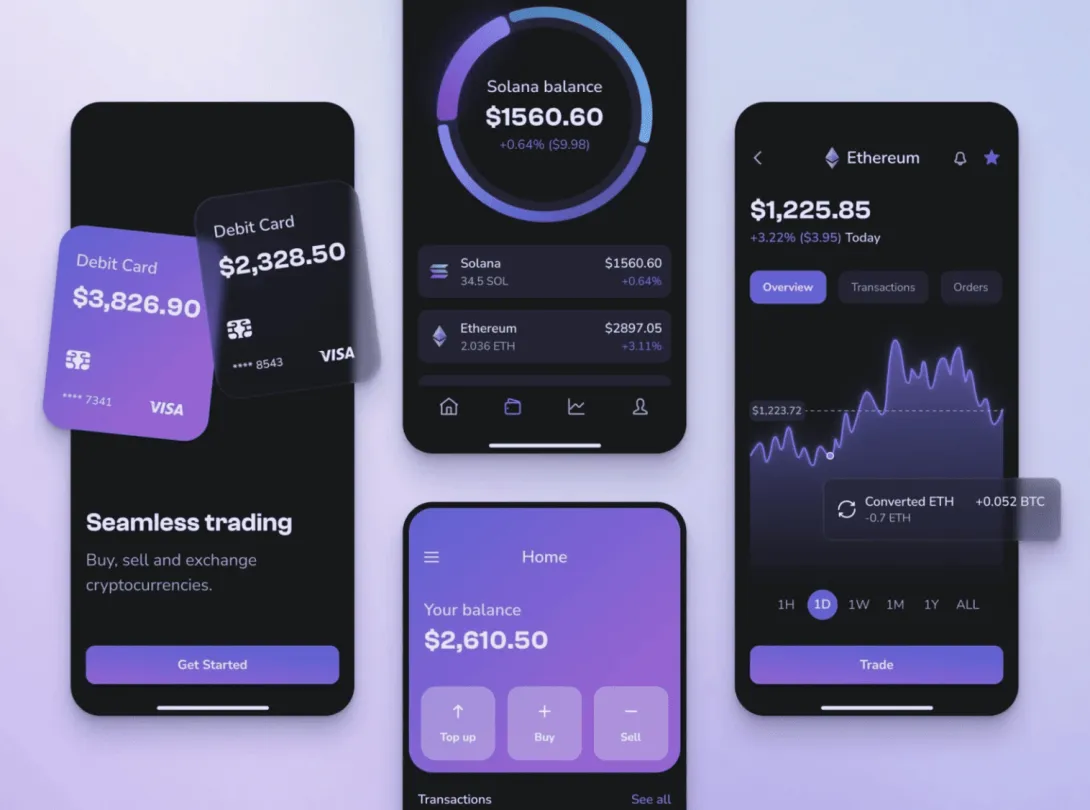 Mobile app interface showing cryptocurrency balances and trading graphs.