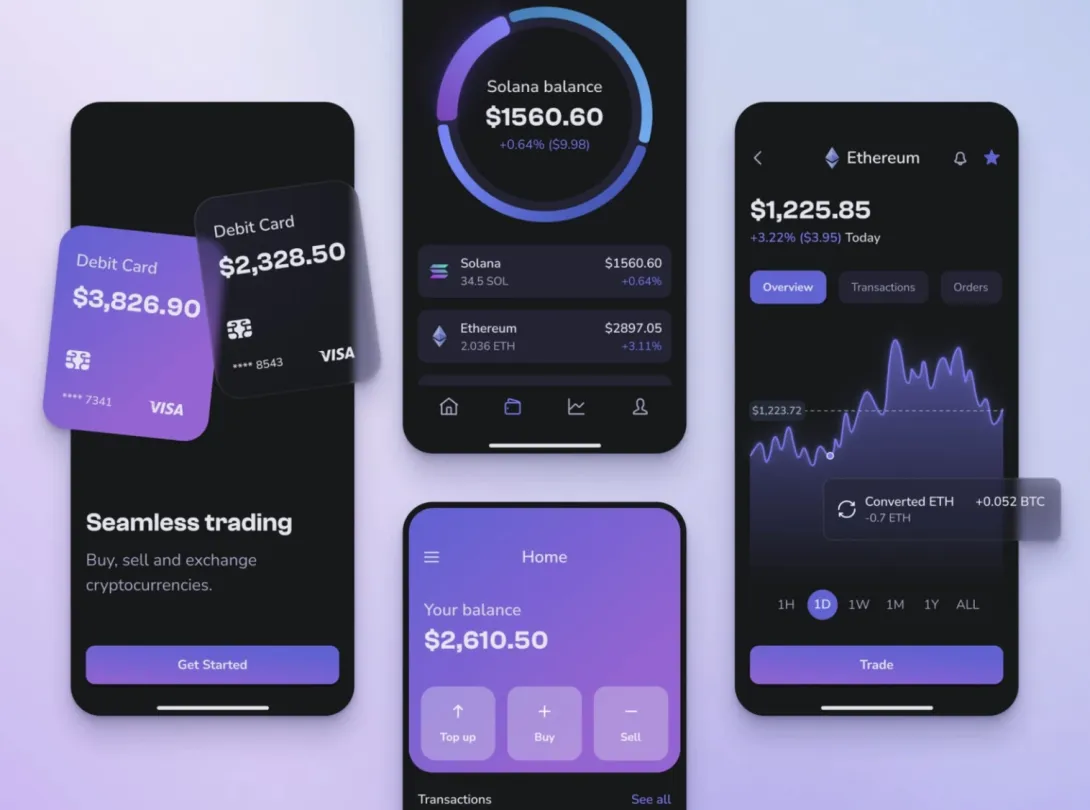 Mobile app interface showing cryptocurrency dashboard with graphs and wallet balance.